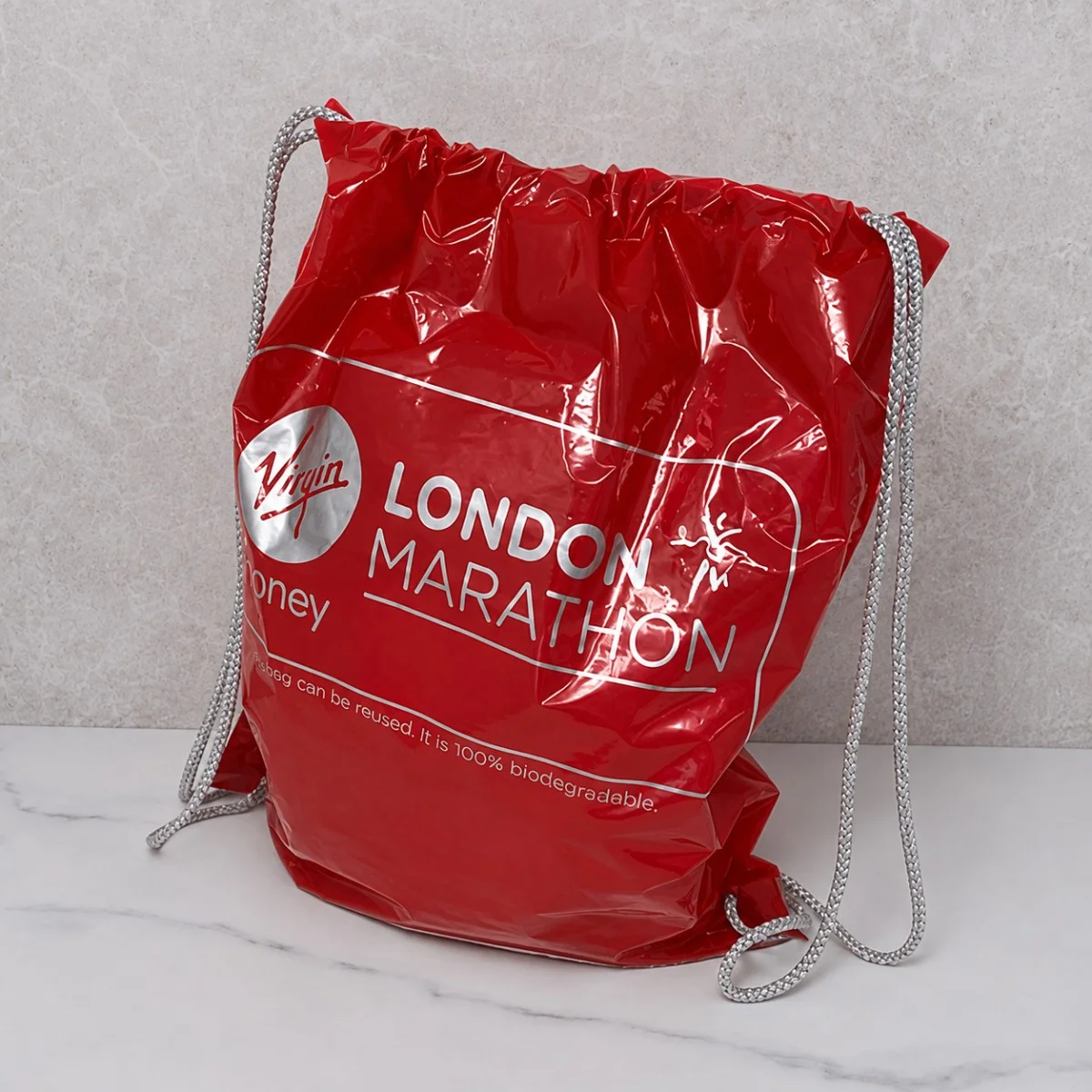 Red Virgin Money London Marathon Printed Plastic Drawstring Bag With Silver Cord Handles