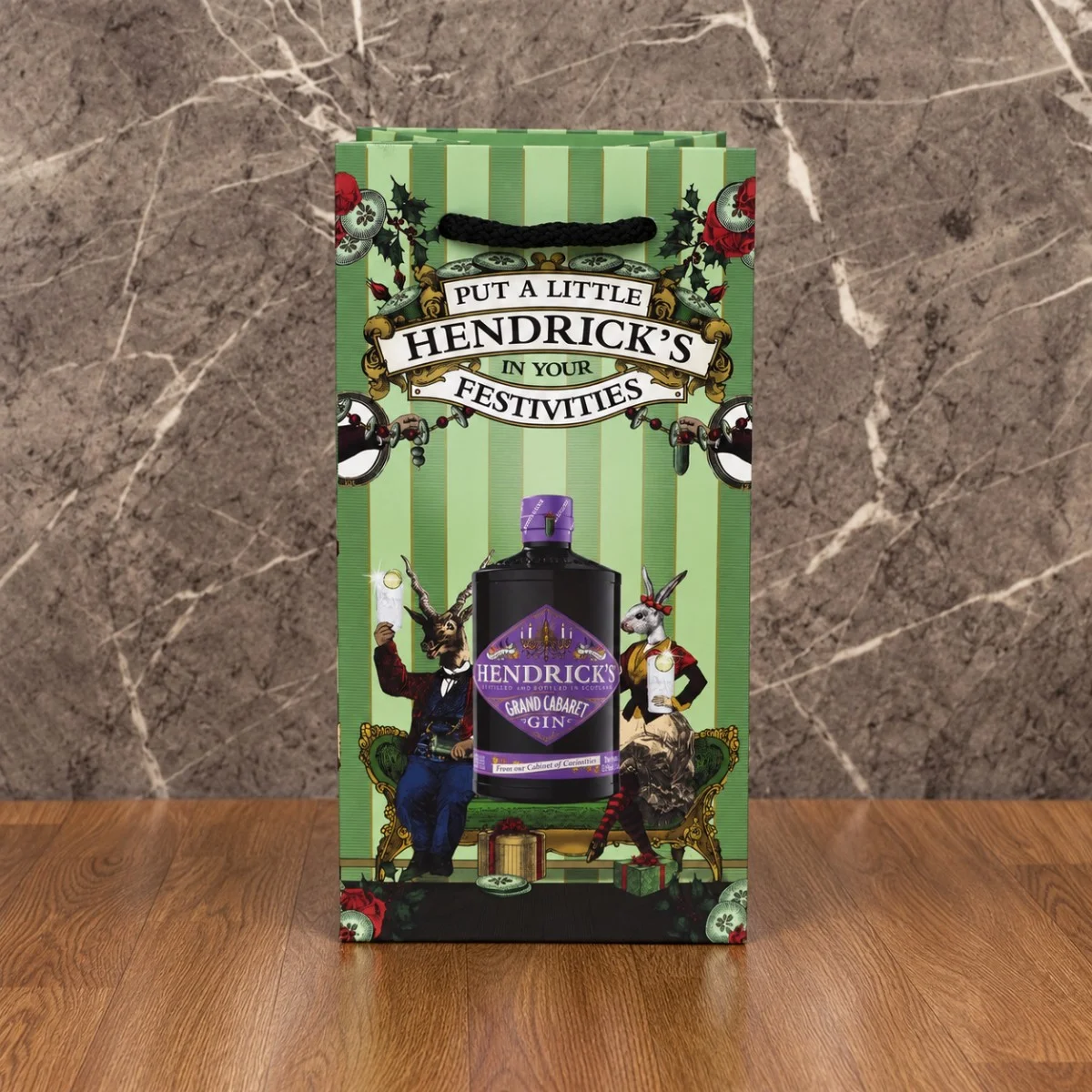 Green Hendrick’s Gin Printed Luxury Paper Bottle Bag With Black Rope Handles Christmas Festivities Gin Bag