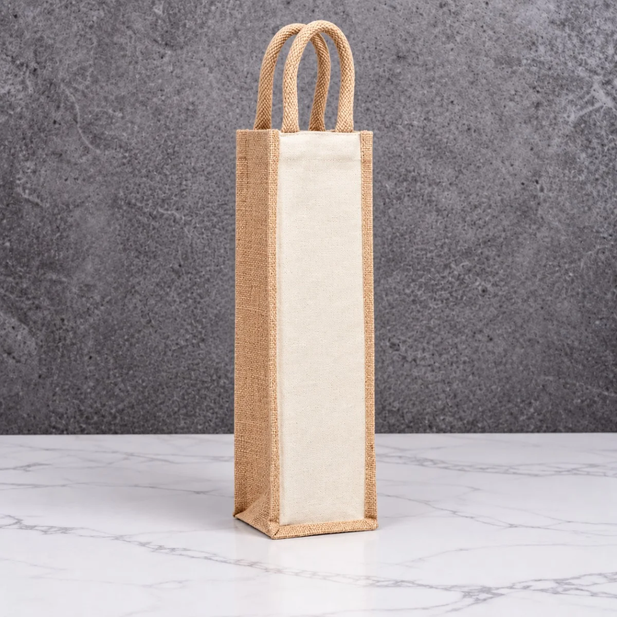 Natural Jute Bottle Bag With Cream Canvas Panel And Jute Loop Handles