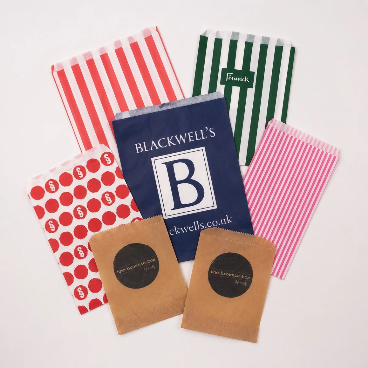 Assorted Printed Paper Counter Bags With Blackwell’s Branding In Striped And Polka-Dot Designs Montage Assorted Printed Paper Counter Bags With Blackwell’s Branding In Striped And Polka-Dot Designs Montage