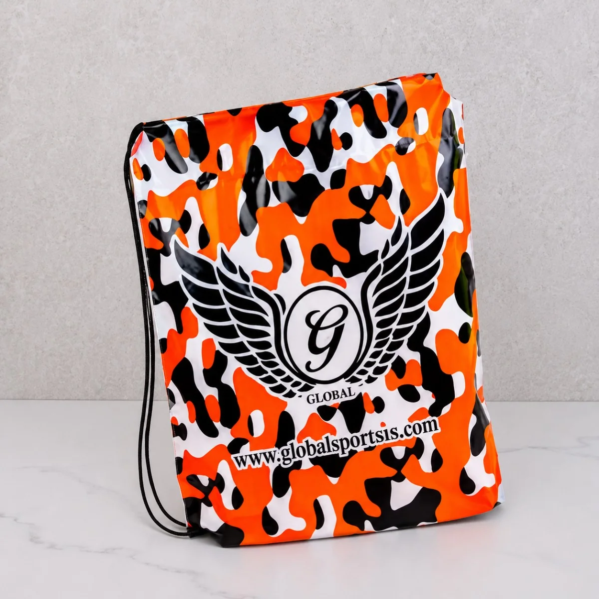 Orange Camouflage Global Sports Printed Plastic Drawstring Bag With Black Cord Handles Orange Camouflage Global Sports Printed Plastic Drawstring Bag With Black Cord Handles